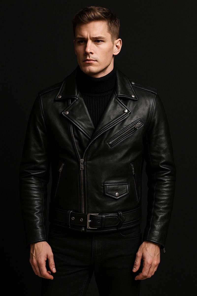 Black lambskin biker leather jacket with belted waist, made in Pakistan