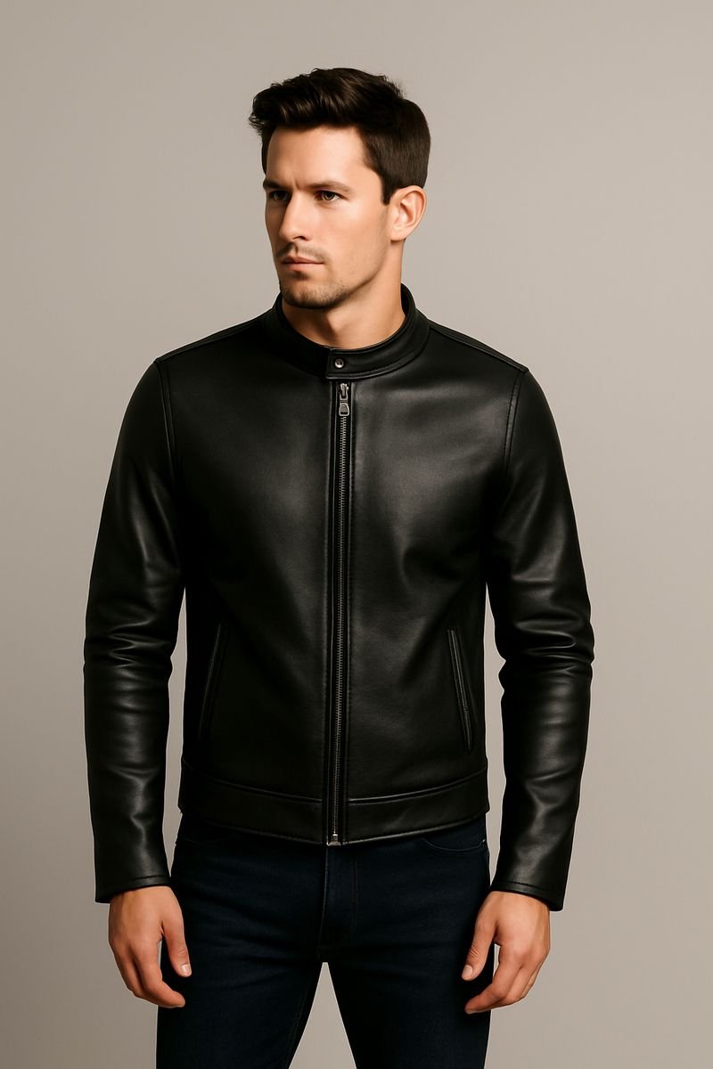 Black slim-fit leather racer jacket with band collar, made in Pakistan